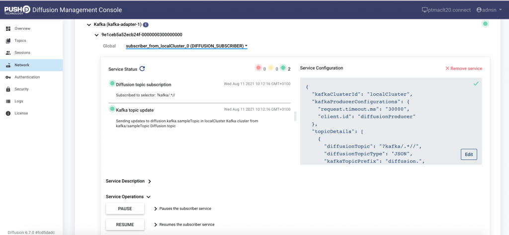 UI for monitoring an adapter with the Diffusion management console